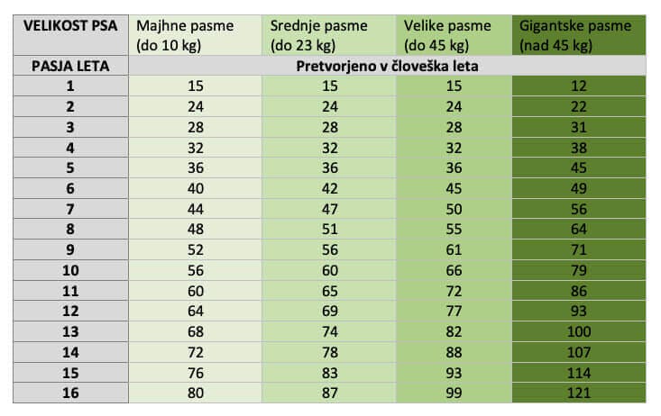 pasja leta tabela v človeška leta
